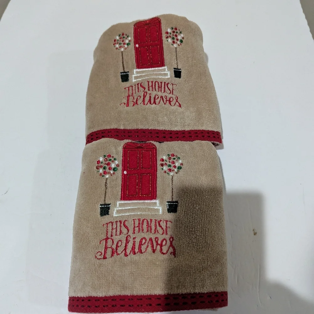 Decorative Tan Hand Towels with Red Door Design. 1 Pr. ( This House Believes).